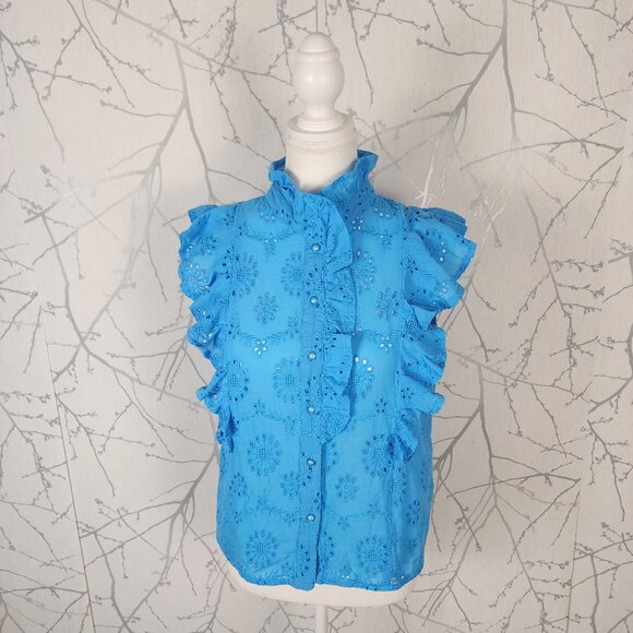 Deluc Turquoise Blue 100% Cotton Eyelet Ruffle High Neck Top - Picture 2 of 8